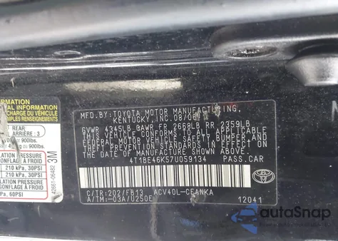 2007 Toyota Camry Le from USA, damaged, VIN 4T1BE46K57U059134
